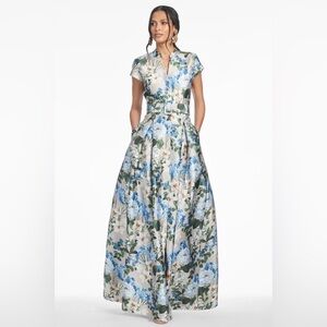 Sachin + Babi Cream Maxi Dress with Blue Floral Print and Green Leaves